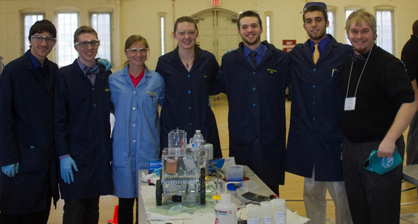 The UNH Chem-E car team in the lab. From left to right: David DuPont,  Parker Mathis, Kayla Fitzgerald, Sadie Redman, Jeffrey Parsons,  Robert Errichetti, and Andrew Ethier