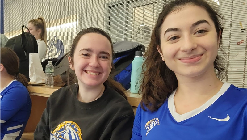 Anna Marcotte and Justine Valentino ’24 at a University club volleyball tournament during the Spring 2023 semester.