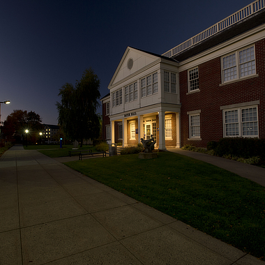 Campus exterior at night