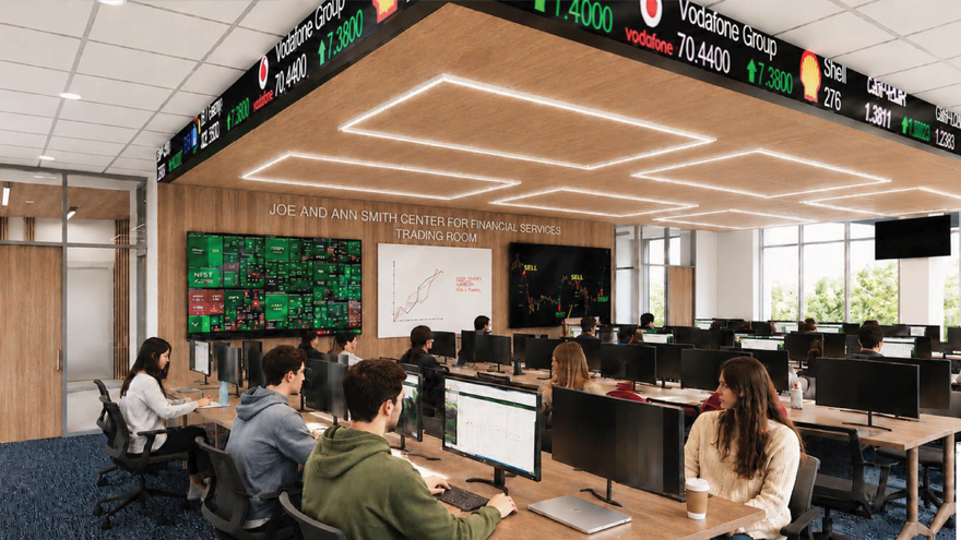 Classroom featuring a stock ticker