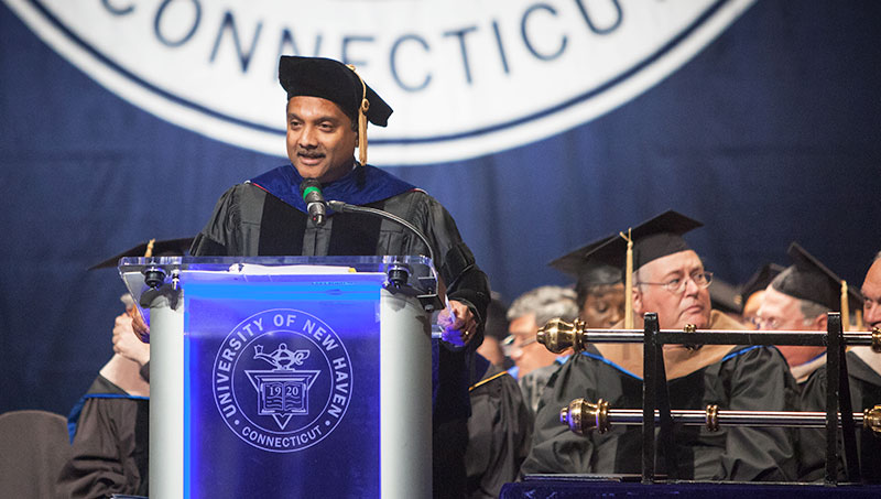 Photo of Ronald S. Harichandran speaking at Commencement