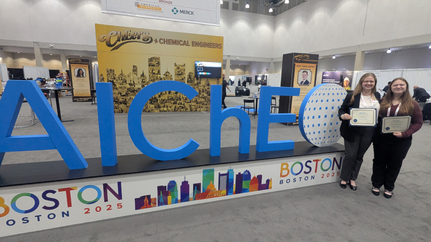 Cassandra Collins ’28 and Jillian Carroll ’28 present their award-winning STEM outreach module