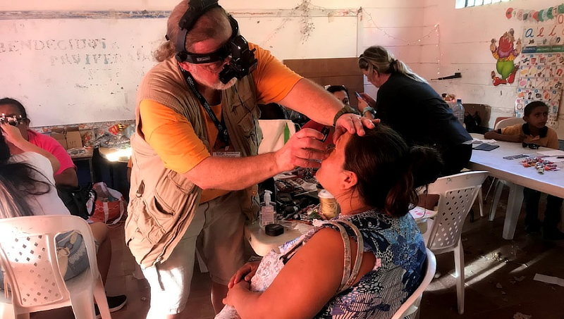 Dr. Matthew Blondin performs an eye exam in Nicaragua in early 2020.