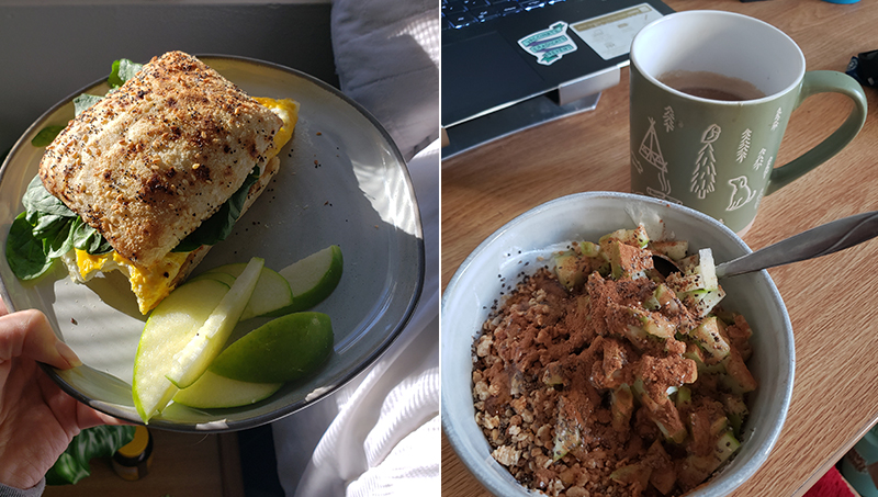 Beatrice Glaviano’s tasty treats: greek yogurt, granola, chopped apple, chia seeds, honey, and a ton of cinnamon with a cup of coffee and an egg and cheese sandwich with spinach and some apple slices.