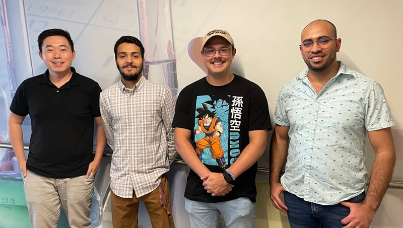 The Sun research group in Buckman Hall. From left to right: Dr. Hao Sun; Hayat Khan ’25; Angelo Ritacco ’24, ’25 M.S.; and Tarek Ibrahim ’23 M.S., ’26 Ph.D.