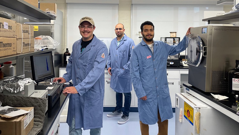 Student researchers in Dr. Sun’s lab. From left to right: Angelo Ritacco ’24, ’25 M.S.; Hayat Khan ’25; and Tarek Ibrahim ’23 M.S., ’26 Ph.D.