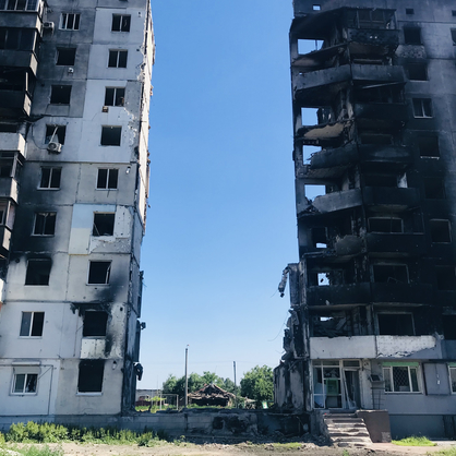 Destroyed apartment buildings in Borodyanka