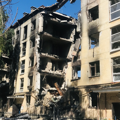 Destroyed apartment building in Hostomel