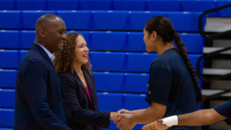 Justice Melanie L. Cradle meeting volleyball student-athletes