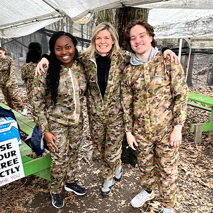 Kiana (White) Tremulot ’23, ’24, M.S. and Vincent Tremulot-Blanchard ’25, ’26 MBA with professor Jan Jones on a University trip.