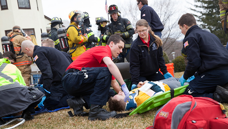 Paramedicine students take part in a drill at the University of New Haven.