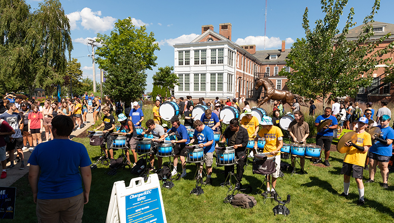 Members of the Chargers Marching Band welcomed new students.