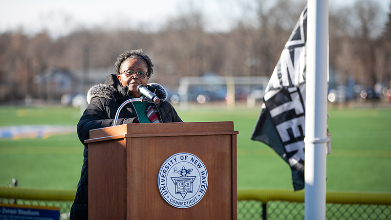 Linda Copney-Okeke, M.A., director of the University’s Accessibility Resources Center, speaks as part of the event.