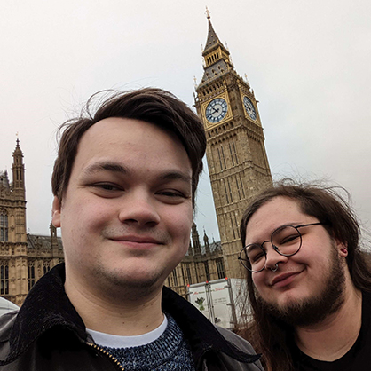 Josh Carbajal ’18, ’20 M.A. (right) with his friend Eddie (left) in front of Big Ben.