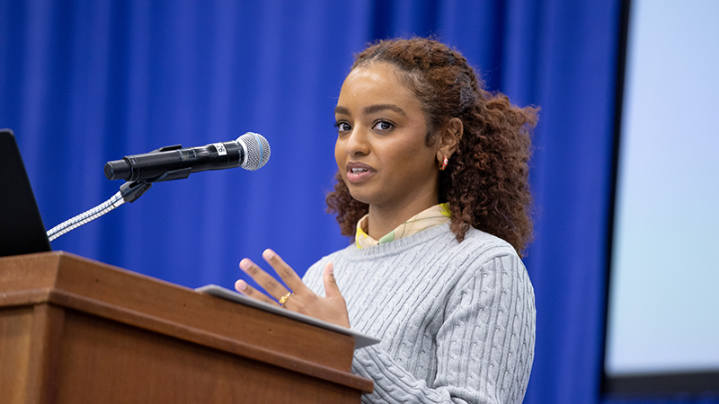 Azza Hussein ’23 M.A. speaks as part of the University’s MLK Celebration.