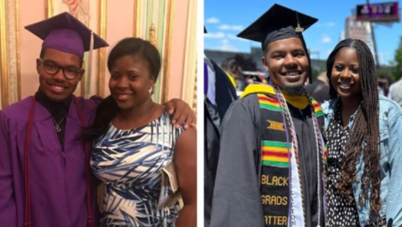 Timothy Prince and his high school math teacher celebrate his high school graduation in Brooklyn (left) and his college graduation.