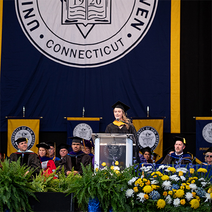 Abby Veeser ’23 M.S. addresses her fellow graduates.