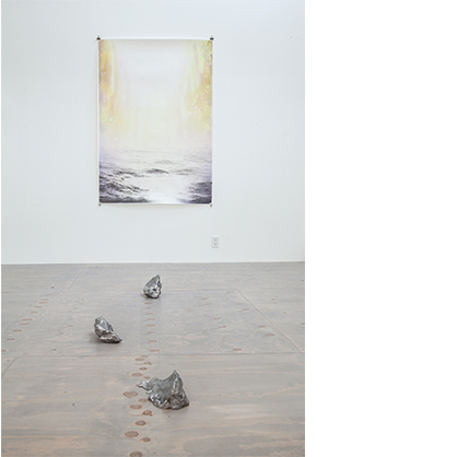 Open Water 16, 2018, ink, acrylic and graphite on paper, 62 x 43 inches, Installation view with Lost Monuments 3D scanned melted snow piles cast in aluminum.