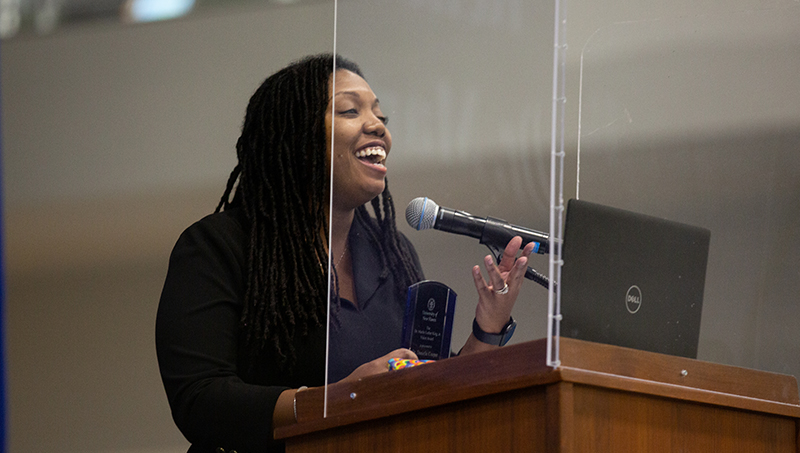 Image of Dr. Danielle Cooper encouraging the University community to think critically.