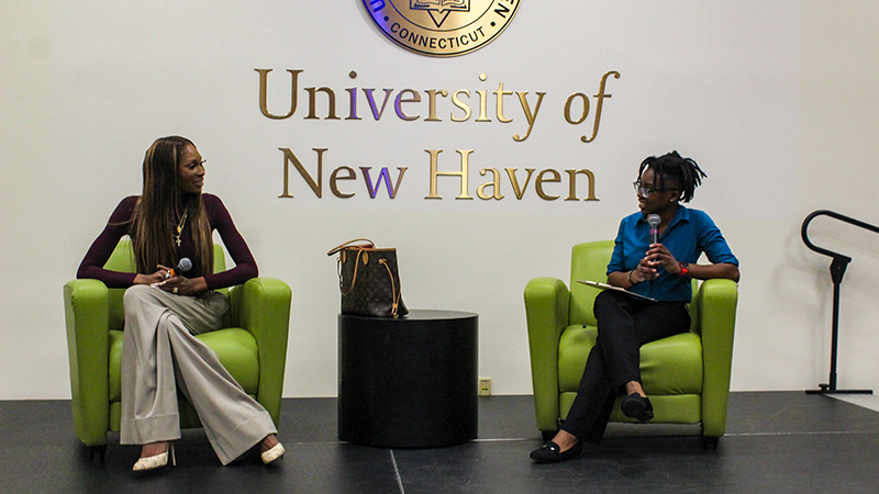 Sadara Funches ’24 (right) moderated the conversation with Dominique Jackson. 