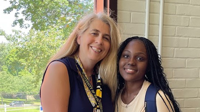 Shana-Kay Hyde ’27 (right) with adjunct lecturer Patricia Sampley Krupnikoff, M Ed. (left)