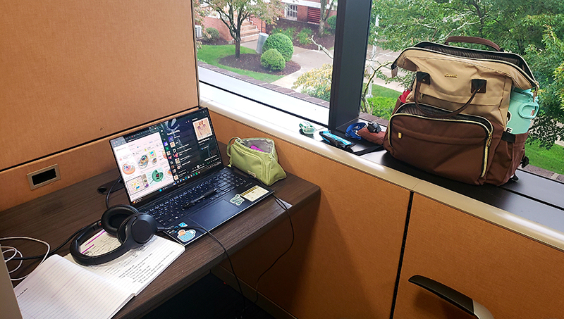 Beatrice Glaviano’s study space in the Peterson Library.