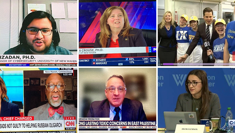 A collage of UNewHaven faculty appearing in the media.