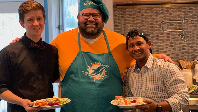 Image of Edward Loudermilk ’21 M.A., Steve Macchiarolo, and Prantik Chakraborty ’20 M.S. on Thanksgiving.