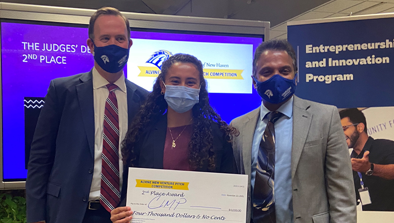 Left to right: Dean Brian Kench, Ph.D., Gabriela Garcia-Perez ’24, and Dean Ron Harichandran, Ph.D pose for a photo.